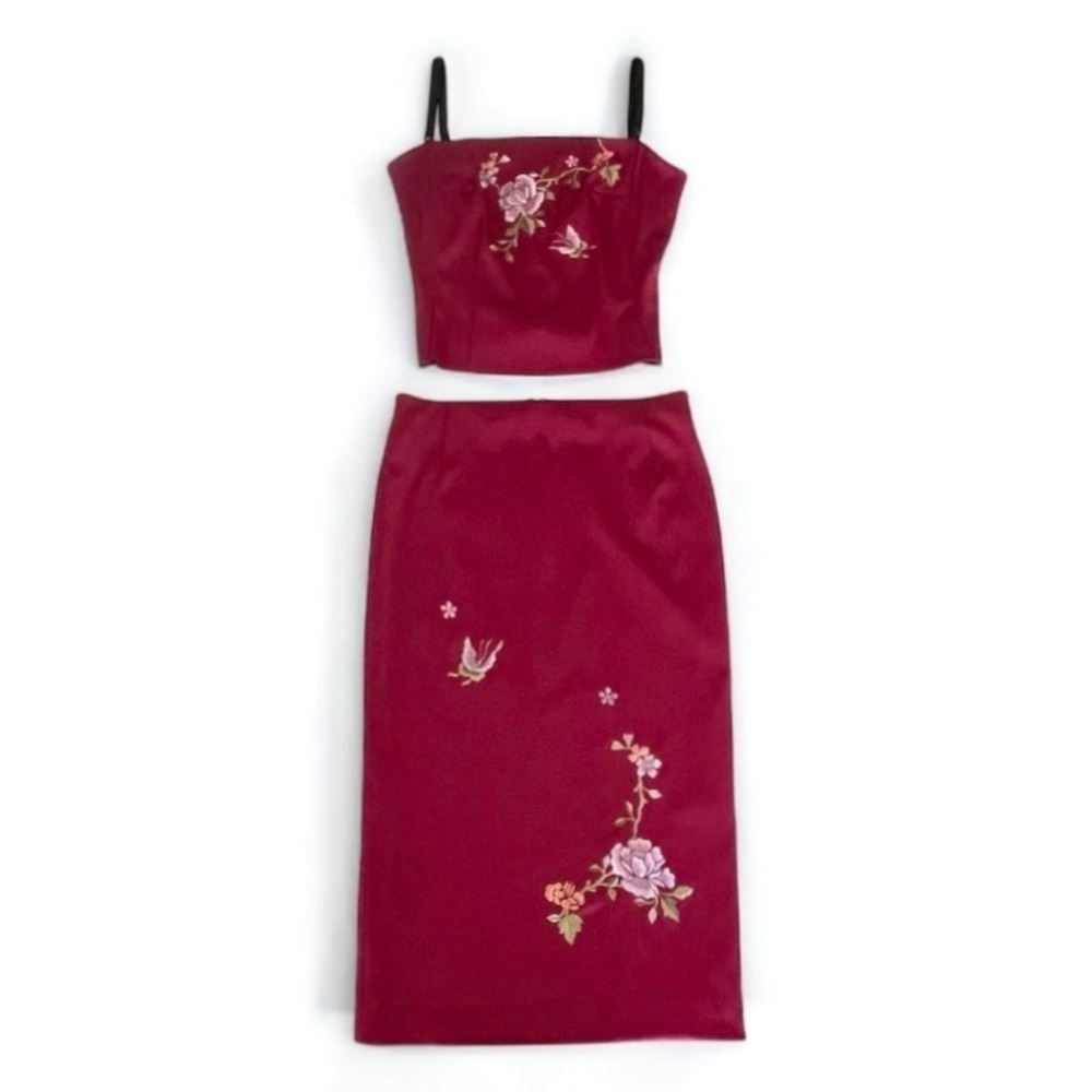 Mandalay Vintage Y2K Floral Embroidered Satin Corset Skirt 2 Piece Set Red 2/4